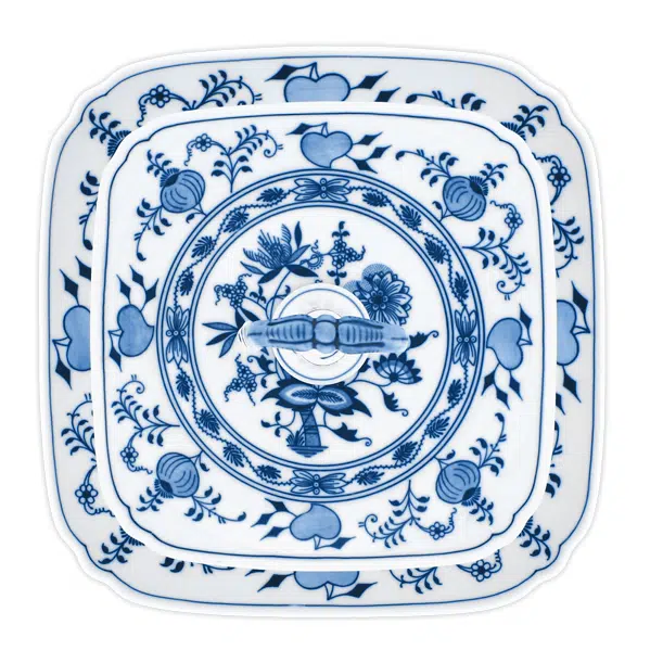 Cibulák – Etažér z hranatých tanierov 21+29 cm – originál cibuľový porcelán 1. akosť